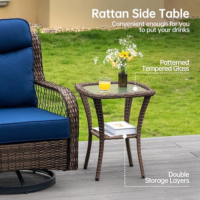 PIZZELLO Outdoor Swivel Rocker Chairs 6 Pieces Wicker Swivel Patio Chair with Rattan Side Table, 5" Extra Thick Cushions and 25" Full Support Back, Patio Furniture Set for Outside Porch Deck