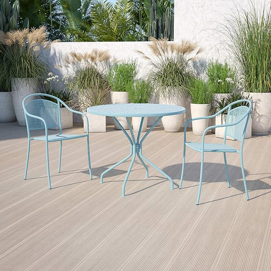 Flash Furniture Oia Commercial Grade 35.25" Round Sky Blue Indoor-Outdoor Steel Patio Table with Umbrella Hole