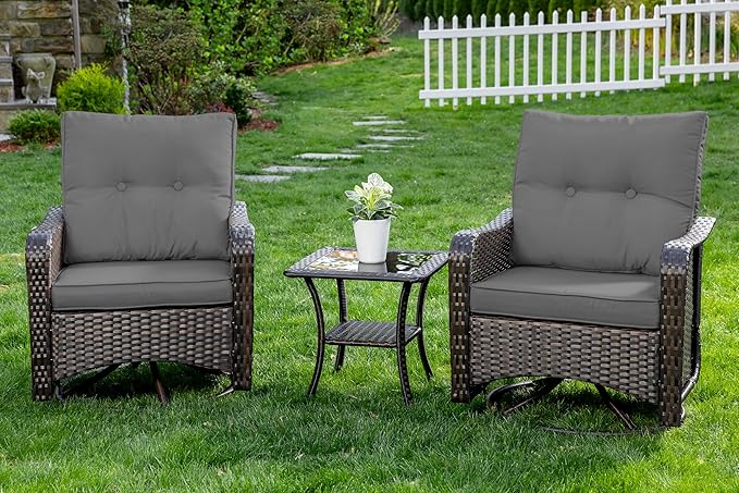 Gotland Outdoor Swivel Chairs Set of 2, 3 Pieces Patio Furniture Set with Thick Cushion, Wicker Rocking Patio Chairs Set of 2, Patio Bistro Set with Double-Layer Coffee Table for Balcony Porch Gray