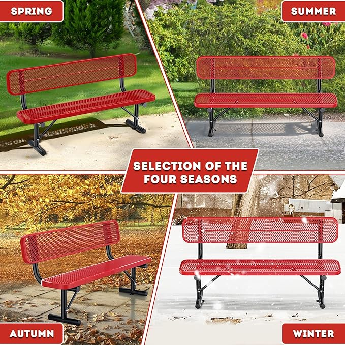 Ceridwen Outdoor Benches Heavy Duty Steel Frame Park Bench with Backrest Bench,Park Bench Steel Mesh Outdoor Bench for Garden,Weatherproof Outdoor Bench for Garden (Red, 6FT)