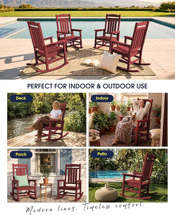 KINGYES Outdoor Rocking Chair, Weather Resistant Patio Rocking Chairs High Back Porch Rocker for Adult, Dark Red