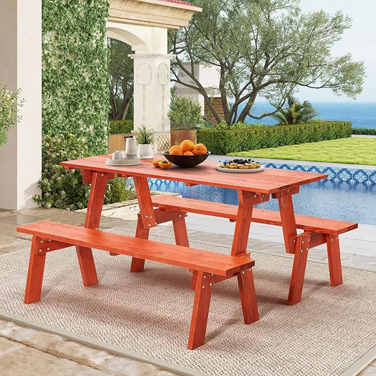 AVAWING 2 Piece Outdoor Convertible Bench, 2-in-1 Transforming Picnic Table Set, Wooden Garden Bench for Backyard, Porch, Patio, Tangerine