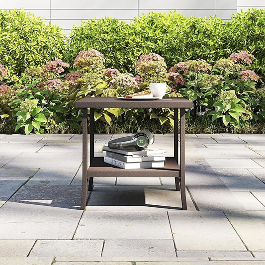 Kiss the Water Metal Square Side Table, 2-Tier Outdoor Coffee Table, All-Weather Outdoor Side Table for Patio End Porch Backyard Garden, Khaki