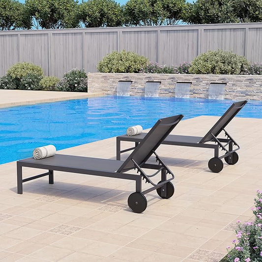 QAQA 4 PCS Outdoor Chaise Lounge with Wheels, Aluminum Patio Lounge Chairs with 5 Adjustable Positions for Poolside, Beach, Yard, Dark Grey
