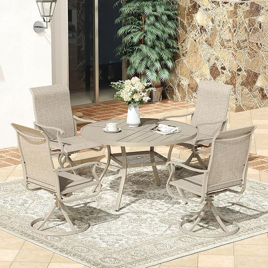 VICLLAX 40.6" Round Patio Dining Table for 4, All Weather Metal Outdoor Table with 1.57" Umbrella Hole and Storage Shelf for Garden Lawn Deck, Sandshell