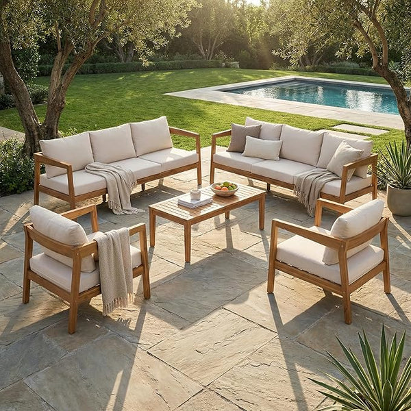 Merax 5 Piece Acacia Wood Patio Furniture Set, 3-Seater Sofa - Photo 1