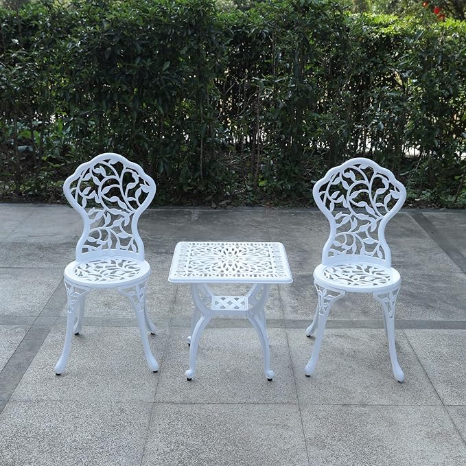 KAILI Rose Garden Cast Aluminum Bistro Chairs, Decorative Outdoor Patio Seating, Set of 2, White and Black (Leaf Chair White)