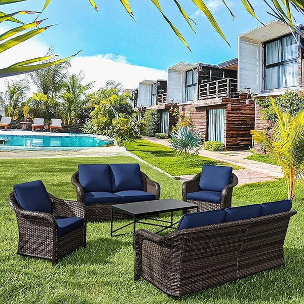 5 Pieces Outdoor Patio Rattan Conversation Furniture Set with Cushions, 78" 3-Seat Wicker Sofa, 55" 2-Seat Couch - Photo 1