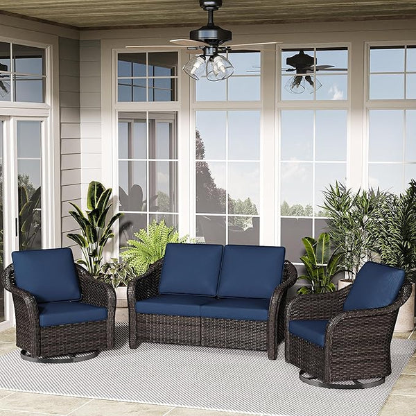 3 Pieces Patio Conversation Set, 55" Sofa with Washable Cushions, Wicker 360 Degree Swivel Glider Rocker Chairs - Photo 1