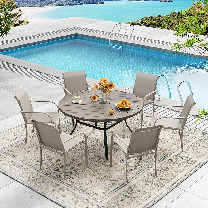 DIFY 47.2" Round Outdoor Patio Dining Table for 6, All-Weather Metal Steel Slatted Patio Table with 1.57" Adjustable Umbrella Hole, for Lawn Garden Porch Backyard, Grey Wood-Like