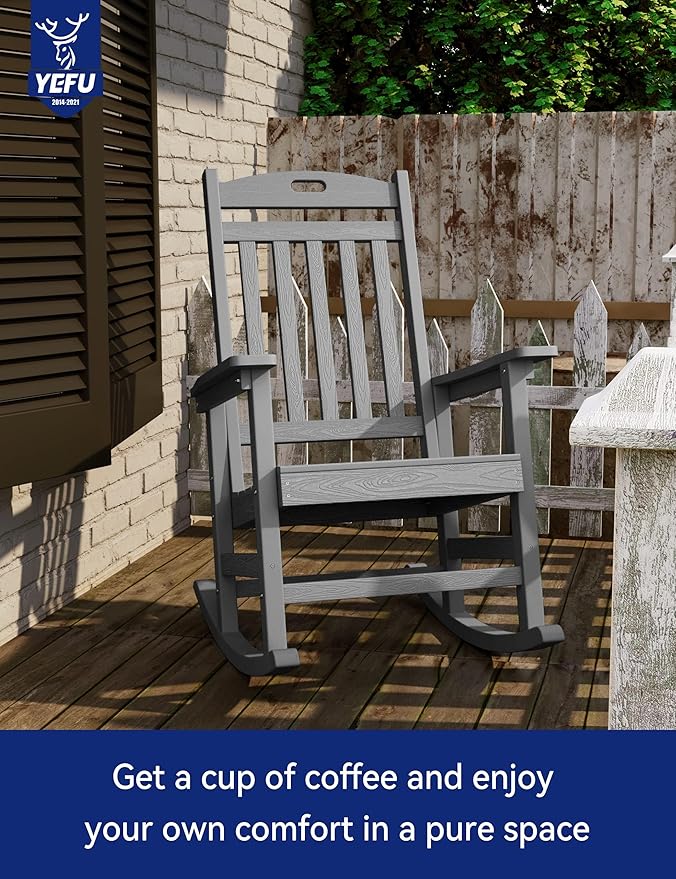 YEFU Outdoor Rocking Chairs Set of 4: Porch Rocking Chairs-Outdoor Patio Rockings Chair-Oversized Rocker Chair-All Weather Poly Rocker Lawn Chair for Adult-Seat Area 22"x21"-Backrest Height 31"-Grey