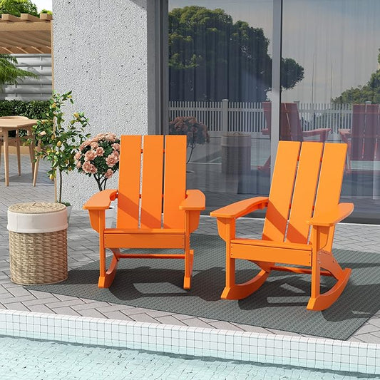 WestinTrends Ashore Patio Rocking Chairs Set of 2, All Weather Poly Lumber Plank Adirondack Rocker Chair, Modern Farmhouse Outdoor Rocking Chairs for Porch Garden Backyard and Indoor, Orange