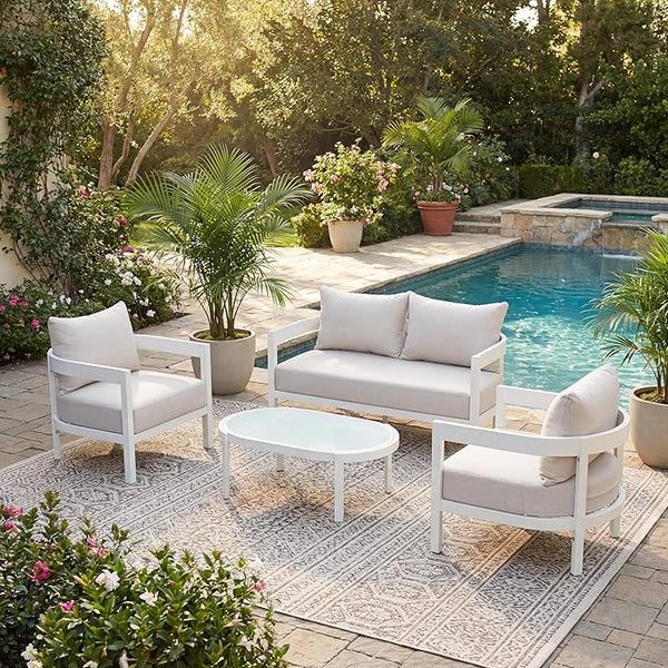 Merax 4 Piece Patio Outdoor Furniture Set, All-Weather Curved Aluminum Loveseat Sofa, 2 Armchairs w/Coushions - Photo 1