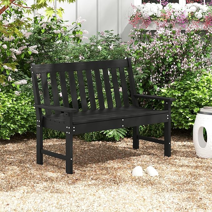 RELAX4LIFE 2-Person Patio Outdoor Bench - 52’’ All-Weather HDPE Garden Bench with Armrests & Slatted Backrest, Patio Bench for Front Porch Park Poolside Backyard, 705 LBS Weight Capacity (Black)