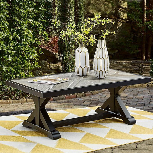 Signature Design by Ashley Beachcroft Farmhouse Weather and Rust Resistant Outdoor Coffee Table with Porcelain Tabletop, Black & Light Gray