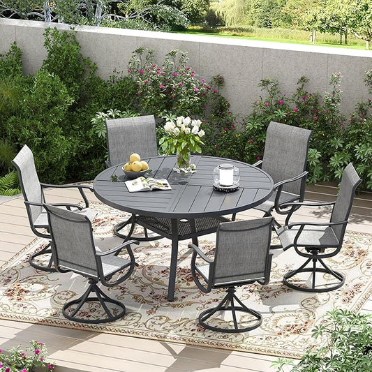 Patio Dining Table for 4-6, Round Metal Outdoor Table with Storage Shelf, 1.57" Umbrella Hole, 47" Outdoor Quartered Tabletop Dining Table for Backyard, Porch, Lawn, Dark Grey