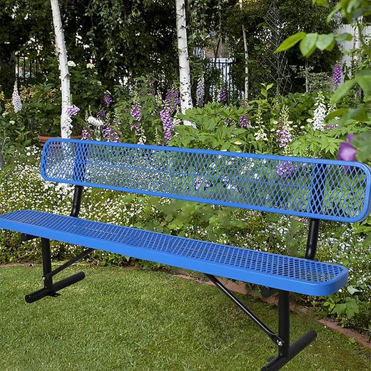 8 Ft Metal Park Bench for Outside, All-Weather Thermoplastic Coating Outdoor Bench with Backrest, Commercial Heavy Duty Benches for Shopping Malls, Stores, Parks, Patios, Decks, Blue