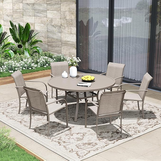 Patio Dining Table for 4-6, Round Metal Outdoor Table with 1.57" Umbrella Hole, 47" Outdoor Slat Tabletop Dining Table for Backyard, Porch, Lawn, Sand
