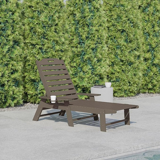 Flash Furniture Monterey Adjustable Adirondack Lounger with Cup Holder- All-Weather Indoor/Outdoor HDPE Lounge Chair, Brown