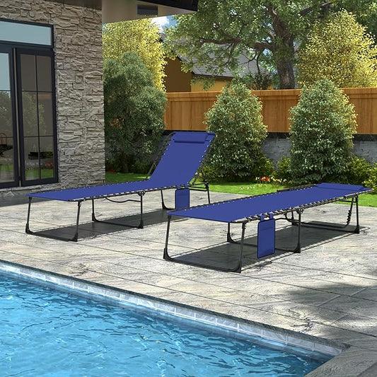 Outdoor Foldable Lounge Chair, Chaise Lounge Outdoor with Detachable Pillow & Pocket, Portable Tanning Chair with 5 Position Adjustable Back, Patio, Beach and Pool, Blue