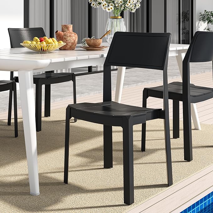 VECELO Plastic Dining Chairs Set of 4, Stackable Patio Chairs for Indoor & Outdoor Use, No Assembly Required, Black