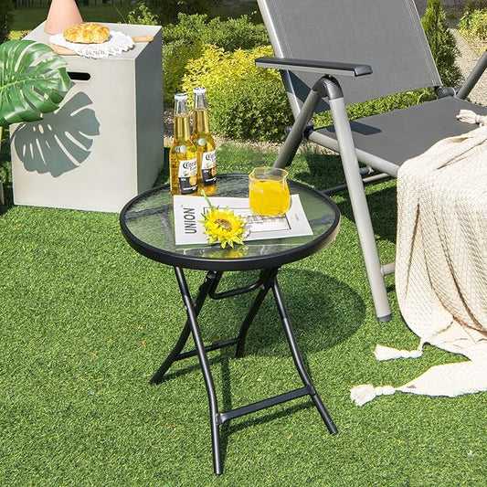 Tangkula Patio Bistro Table, 18" Round Side Table with Tempered Glass Tabletop, Rustproof Frame and Stable X-Shaped Structure, Folding Side Table for Indoor and Outdoor Use