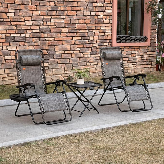 Outsunny Zero Gravity Chair Set with Side Table, Folding Reclining Chair with Cupholders & Pillows, Adjustable Lounge Chairs for Pool, Backyard, Lawn, Beach, Gray