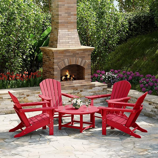 WestinTrends Dylan 5-Piece Outdoor Patio HDPE Adirondack Chair with Round Coffee Table Conversation Set, Red