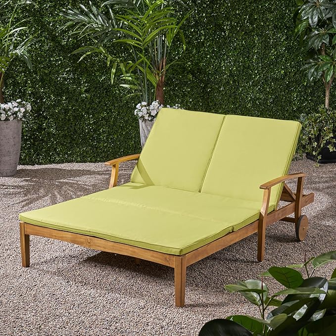 Christopher Knight Home Double Chaise Lounge Outdoor Patio Daybed with Adjustable Backrests, Acacia Wood Frame in Teak Finish, Water Resistant Green Cushions for Poolside Porch Deck