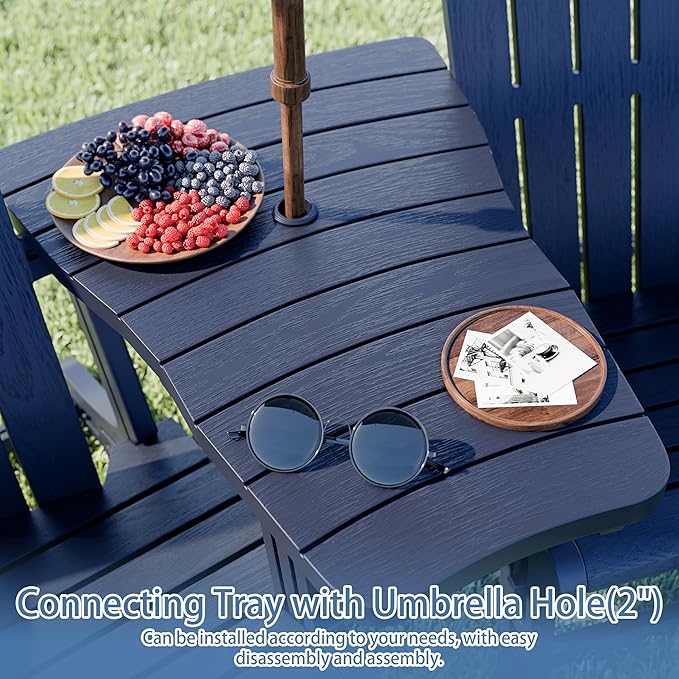 Shintenchi Adirondack Chair Set of 2,HDPE Adirondack Chairs with Umbrella Hole Connecting Tray & 2 Curved Ottoman,Plastic Outdoor Chairs with Cup Holders for Garden Backyard Pool,Dark Blue