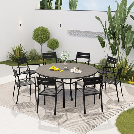 VICLLAX 53" Round Patio Dining Table for 6-8, Metal Outdoor Dining Table with Umbrella Hole for Garden, Patio, Balcony, Grey