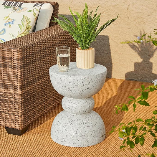 Glitzhome Outdoor Side Table, Round Accent End Table, Lightweight Faux Terrazzo Decorative Garden Stool, 17.25" H White Planter Stand for Patio Porch Balcony Living Room