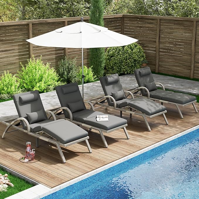MEISSALIVVE Outdoor Lounge Chairs Set of 4, Patio Chaise Loungers with Adjustable 5 Position & Leg Support, PE Rattan Chaise Lounge, Wicker Pool Recliners Chair for Backyard, Porch, Deck, (Grey