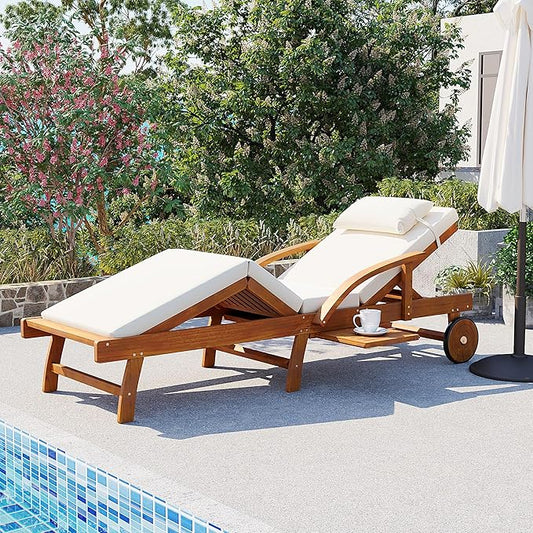 LUMISOL 77.5” Acacia Wood Chaise Lounge Chair, Patio Outdoor Chaise Lounge with Cushions, Adjustable Backrest, Leg Rest, Headrest, Retractable Side Tray for Patio, Pool, Garden, Beige