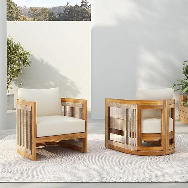 Merax Acacia Wood Outdoor Club Chair Set of 2, Woven Rope Accents Design, Wooden Patio Accent Chair Set - Photo 1