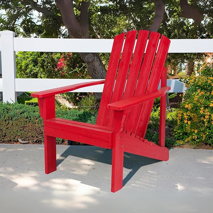 Shine Company Mid-Century Modern Wooden Adirondack Chair, Outdoor Patio Firepit Chairs, Back & Seat Pre-Assembled, Chili Red