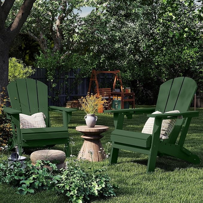 Foldable Adirondack Chair with Cup Holder-Heavy Duty Recycled HDPE Outdoor Patio Furniture, Weather Resistant Deck Lawn Fire Pit Chair (Dark Green, 1 Chair)