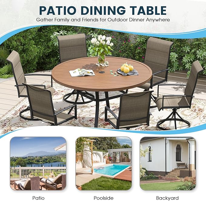 Patio Dining Table for 4-6, Round Metal Outdoor Table with 1.57" Umbrella Hole, 47" Outdoor Slat Tabletop Dining Table for Backyard, Porch, Lawn, Walnut
