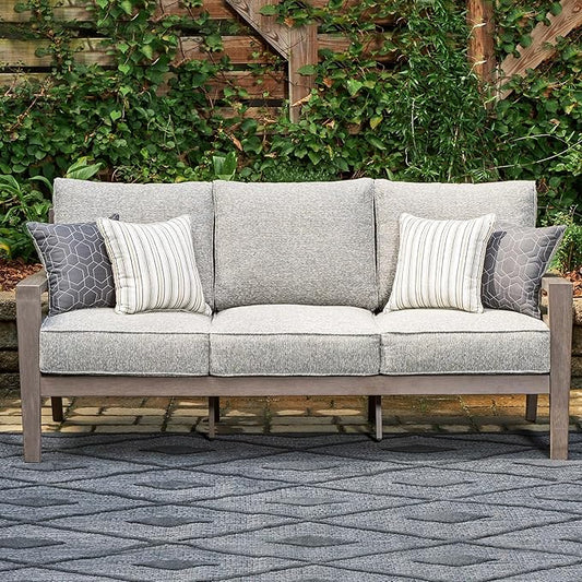 Signature Design by Ashley Hillside Barn Contemporary Nuvella Weather Resistant Fabric Outdoor Sofa with Cushion and 4 Throw Pillows, Light Brown & Light Gray