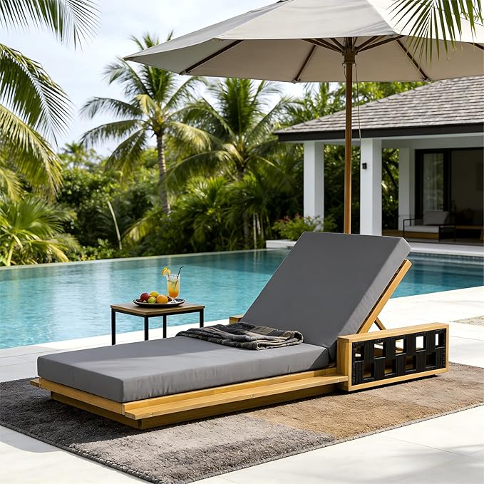 Merax Outdoor Chaise Lounge Set of 4, Acacia Wood Patio Reclining Chairs with 4-Position Adjustable Backrest, 4-Piece Sunbathing Recliner & 4" Thick Double-fold Cushion for Poolside, Garden, Dark Gray