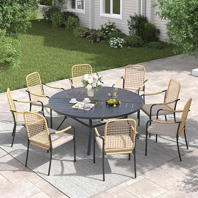 VICLLAX 63" Round Patio Table with Umbrella Hole, All Weather Metal Outdoor Dining Table for 8-10, Outside Table for Lawn Garden, Black