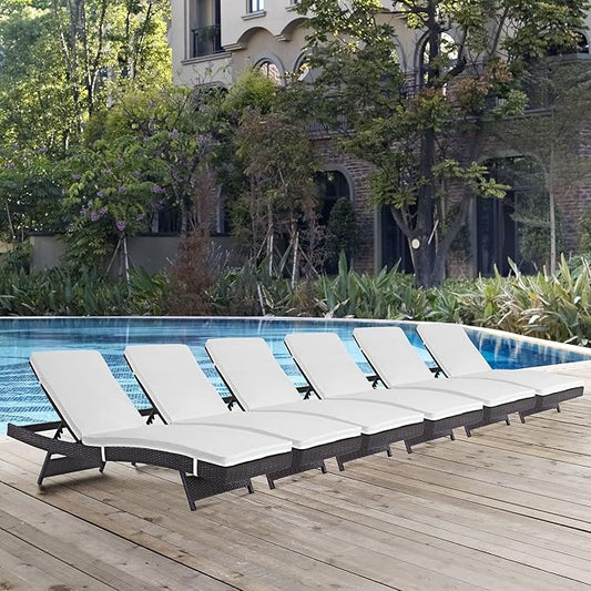 Modway Convene Wicker Rattan Outdoor Patio Chaise Lounge Chairs in Espresso White - Set of 6
