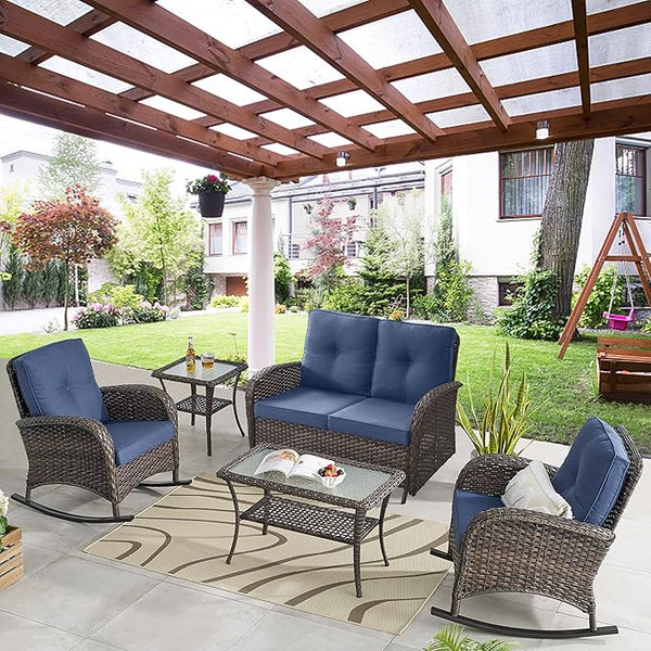 Belord 5 Piece Outdoor Conversation Patio Furniture Set - All-Weather Wicker Patio Rocking Chairs with Loveseat Glider - Photo 1