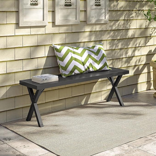 Tangkula 54" Metal Outdoor Backless Bench, Heavy-Duty 2-Person Patio Dining Bench with Slatted Seat & X Legs, Outside Bench for Yard, Garden, Porch, 800 LBS Max Load