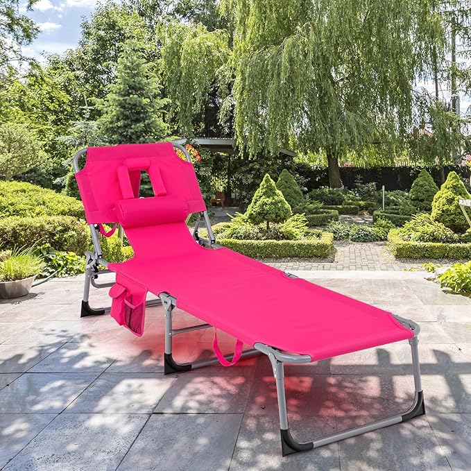 GYMAX Tanning Chair, Folding Beach Lounger with Face Arm Hole, Adjustable Backrest, Side Pocket, Pillow & Carry Handle, Outside Sunbathing Lounge Chair for Patio, Poolside, Lawn (1, Pink)