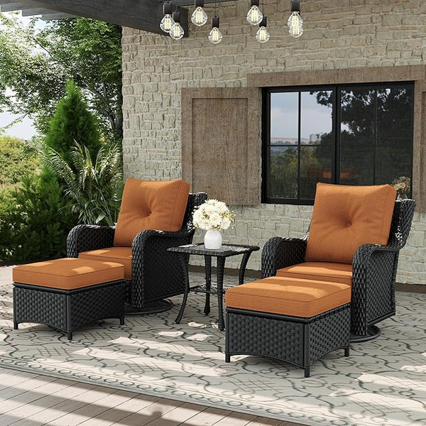 5 Piece Patio Furniture Set, All-Weather Wicker Outdoor Conversation Set with Swivel Rocking Chair and 6 Inch Thick - Photo 1