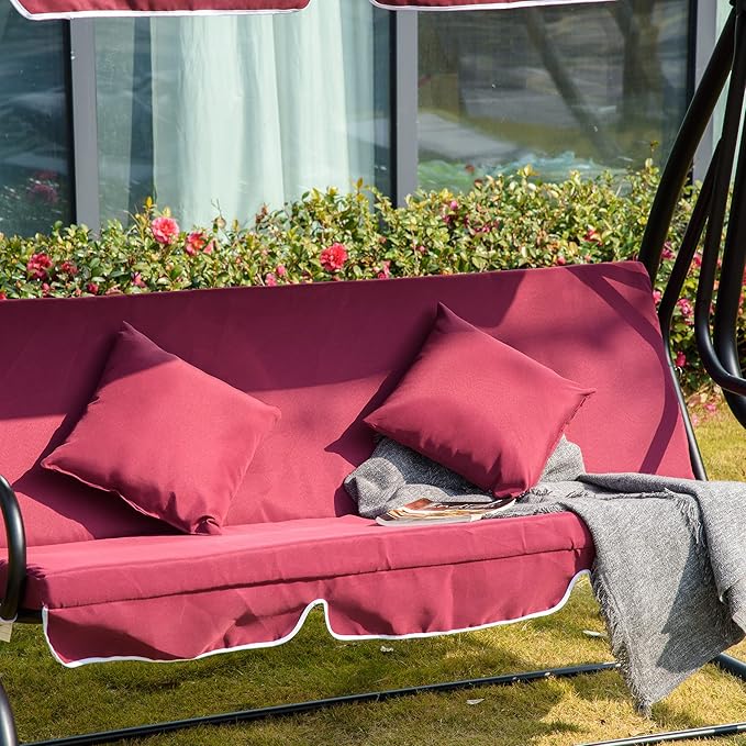 Outsunny 3-Seat Outdoor Patio Swing Chair, Converting Flatbed, Outdoor Swing Glider with Adjustable Canopy, Removable Cushion and Pillows, for Porch, Garden, Poolside, Backyard, Red
