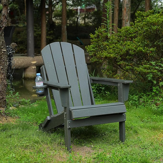 Folding Outdoor Adirondack Chair in Gray with Dual Cup Holders and Composite Wood Texture - Space-Saving Solution