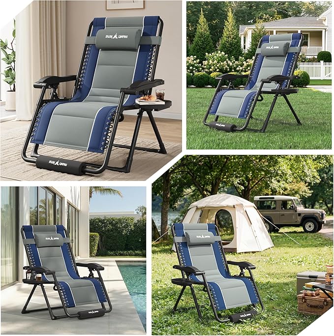 Amopatio Zero Gravity Reclining Patio Chair XXL Foldable Lounge Chair with Removable Cup Holder/Headrest/Footrest 500LBS Capacity Portable for Outdoor Patio Pool Backyard,Blue-Gray