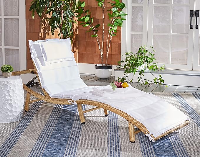SAFAVIEH Outdoor Collection Colley Natural Wicker/White Cushion Adjustable Recliner Chaise Lounge Chair (PAT7722D)